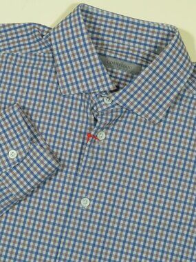 Corneliani Performance Stretch Dress Shirt Mens 16.5 Gray Blue Brown Plaid New